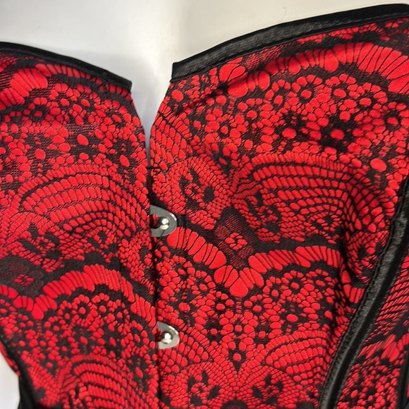 ADORE ME Scarlett Burlesque Strapless Red|Black Satin Lace Up Corset & Garters - Picture 6 of 15